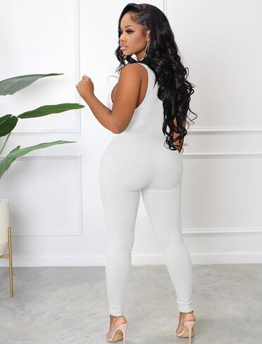 chicyes Women's Bodycon Sexy Jumpsuits Sleeveless Ribbed Zipper One Piece Pants Rompers Summer Outfits White in Saudi Arabia