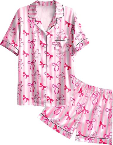 Nidoul Girls Pajamas Satin Pajama Set Silk Pjs Short Sleeve Button Down Summer Sleepwear for Big Kids 7-14Y in Kuwait
