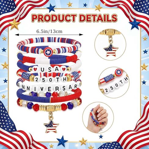 4th of July Bracelets Patriotic USA American Flag Bracelets Red White Blue Bracelets for Women Independence Day 250th Anniversary Jewelry Party Favors Gifts in Saudi Arabia