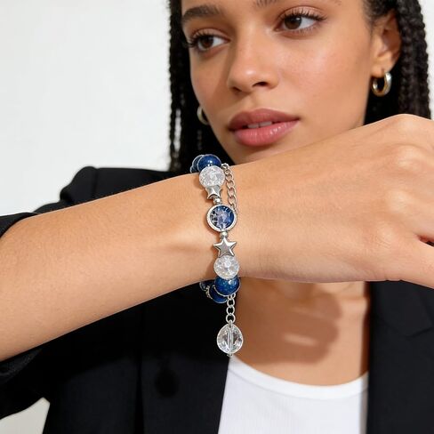 Blue Moon Starry Sky Beaded Bracelet - Silver Space Crystal Whimsical Gemstone Bracelet for Women in Saudi Arabia