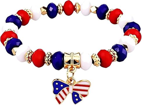 4th of July Bracelet for Women Red White Blue Beaded Bracelet Stretch American Flag Bow Charm Bracelet for Women Independence Day Jewelry in Saudi Arabia