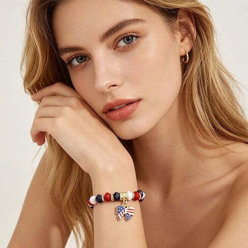 4th of July Bracelet for Women Red White Blue Beaded Bracelet Stretch American Flag Bow Charm Bracelet for Women Independence Day Jewelry in Saudi Arabia