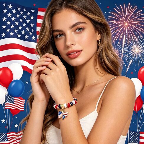 4th of July Bracelet for Women Red White Blue Beaded Bracelet Stretch American Flag Bow Charm Bracelet for Women Independence Day Jewelry in Saudi Arabia