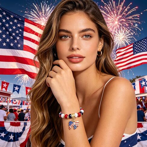 4th of July Bracelet for Women Red White Blue Beaded Bracelet Stretch American Flag Bow Charm Bracelet for Women Independence Day Jewelry in Saudi Arabia