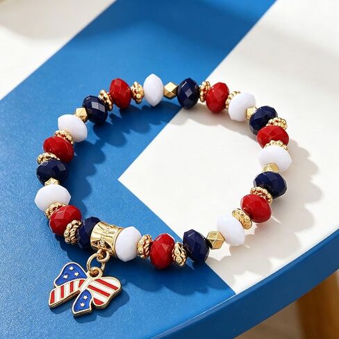 4th of July Bracelet for Women Red White Blue Beaded Bracelet Stretch American Flag Bow Charm Bracelet for Women Independence Day Jewelry in Saudi Arabia