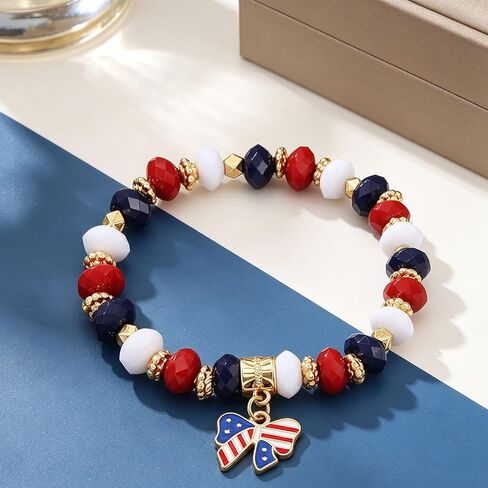 4th of July Bracelet for Women Red White Blue Beaded Bracelet Stretch American Flag Bow Charm Bracelet for Women Independence Day Jewelry in Saudi Arabia