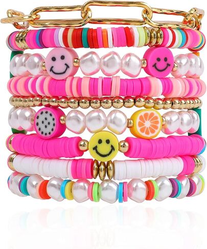 Colorful Heishi Surfer Bracelets Set for Women Stackable Clay Beaded Bracelets Disc Stretch Preppy Bracelets Smiley Face Friendship Bracelets Team Cheer Bulk Boho Summer Beach Jewelry Gift in Saudi Arabia