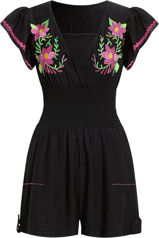 ABEHIK Women Rompers 2026 Mexican Traditional Embroidered V Neck One Piece Short Jumpsuits Casual Cinco De Mayo Fiesta Outfit in Saudi Arabia