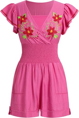 ABEHIK Women Rompers 2026 Mexican Traditional Embroidered V Neck One Piece Short Jumpsuits Casual Cinco De Mayo Fiesta Outfit in Saudi Arabia