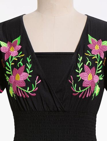 ABEHIK Women Rompers 2026 Mexican Traditional Embroidered V Neck One Piece Short Jumpsuits Casual Cinco De Mayo Fiesta Outfit in Saudi Arabia