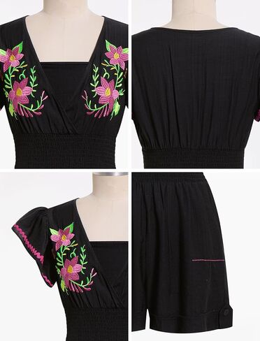ABEHIK Women Rompers 2026 Mexican Traditional Embroidered V Neck One Piece Short Jumpsuits Casual Cinco De Mayo Fiesta Outfit in Saudi Arabia