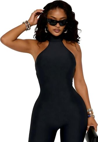 Womens Halter Neck Twist Back Bodycon Jumpsuit One Piece Sleeveless Butt Scrunch Yoga Workout Romper Unitard in Saudi Arabia
