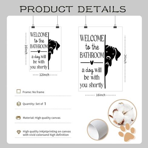 HNNXAR Funny Bathroom Wall Art,Welcome To The Bathroom A Dog Will Be With You Shortly Signs Pictures Posters,Black and White Funny Canvas Paintings Prints,Cute Dog Wall Decor 12x16in Unframed in Saudi Arabia