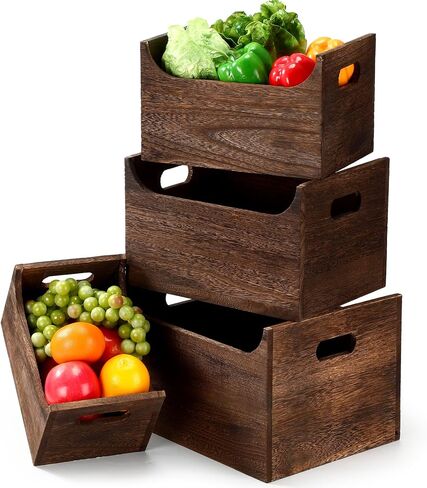 Novabright 4 Pack Wood Crates Nesting Storage Baskets Multiple Sizes Decorative Farmhouse Wooden Organizer Crates Boxes with Open Front and Handle Rustic for Bread Fruit Vegetable Kitchen Bathroom in Kuwait