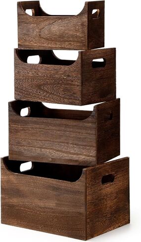 Novabright 4 Pack Wood Crates Nesting Storage Baskets Multiple Sizes Decorative Farmhouse Wooden Organizer Crates Boxes with Open Front and Handle Rustic for Bread Fruit Vegetable Kitchen Bathroom in Kuwait