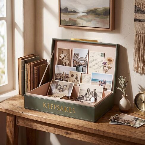 Hushee Decorative Storage Boxes with Lids 14.17 x 8.66 x 3.54 Inches Sage Green PU Leather Jewelry Box Organizer with Gold Handle Are to Store Photos Documents Keepsakes in Kuwait