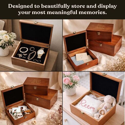 صندوق خشبي مخصص من shop4ever، صندوق تخزين خشبي تذكاري محفور شخصي مع أسماء الأزواج والتاريخ مع قلوب لتخزين الصور والمستندات والتذكارات والذكريات بأمان، هدية الزفاف in Kuwait
