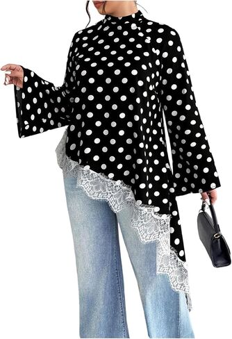 BEAUDRM Women's Plus Size Polka Dots Dressy Blouses Elegant Lace Mock Neck Long Sleeve Asymmetrical Oversized Shirts in Kuwait