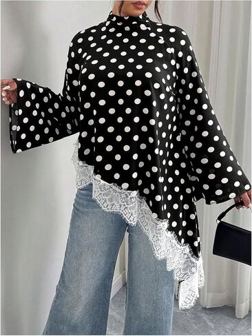 BEAUDRM Women's Plus Size Polka Dots Dressy Blouses Elegant Lace Mock Neck Long Sleeve Asymmetrical Oversized Shirts in Kuwait