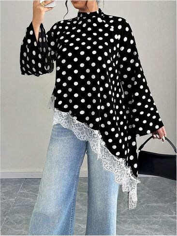 BEAUDRM Women's Plus Size Polka Dots Dressy Blouses Elegant Lace Mock Neck Long Sleeve Asymmetrical Oversized Shirts in Kuwait