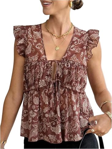SOLY HUX Women's Boho Paisley Peplum Babydoll Tops Tie Front V Neck Cap Sleeve Ruffle Summer Vacation Blouse in Kuwait