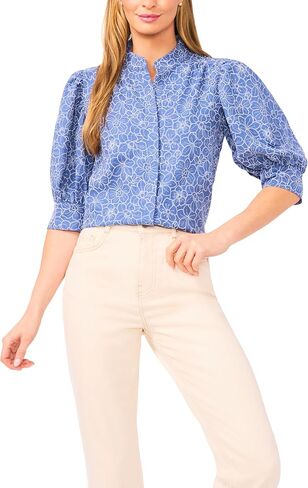 CeCe Chambray Short Sleeve Hidden Placket Top in Saudi Arabia