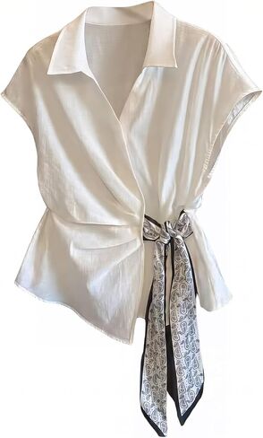 Verdusa Women's Paisley Tie Knot Wrap Top Cinched Waist Dressy Blouses Summer Collared Shirts in Saudi Arabia