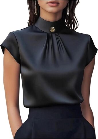 SweatyRocks Women's Silk Satin Mock Neck Blouses Dressy Cap Sleeve Office Work Tops in Kuwait