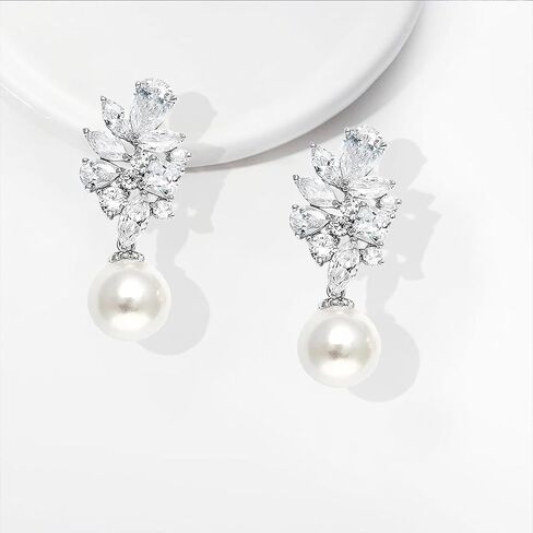 Pearl Wedding Earrings for Women Brides Trendy Vintage Elegant Leaf Rhinestone Crystal Simulated Pearl Dangle Drop Earrings Wedding Prom Fashion Jewelry Gifts in Kuwait