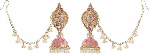 Pink Bollywood Traditional Jhumka Jhumki Statement Dangle Drop Earrings for Women Long Chain Tassel Hair Accessories CZ Faux Pearl Beaded Indian Bell Chandelier Stud Earring Boho Bride Wedding Jewelry in Kuwait