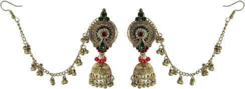 Pink Bollywood Traditional Jhumka Jhumki Statement Dangle Drop Earrings for Women Long Chain Tassel Hair Accessories CZ Faux Pearl Beaded Indian Bell Chandelier Stud Earring Boho Bride Wedding Jewelry in Kuwait