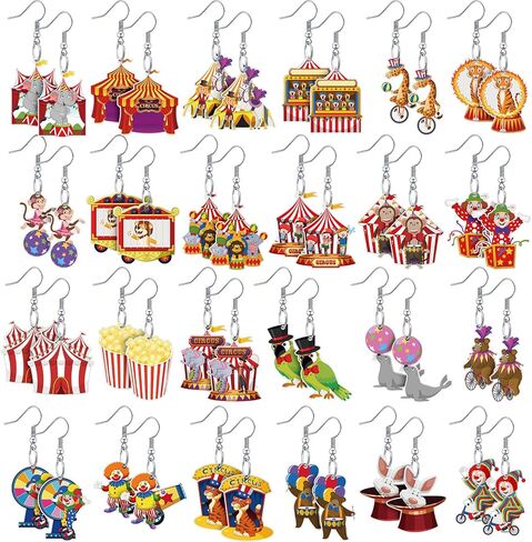Liliaafar 24 Pairs Circus Earrings Bulk Carnival Party Decorations Funny Acrylic Clown Monkey Elephant Earrings for Women Cartoon Jewelry Birthday Gift in Saudi Arabia