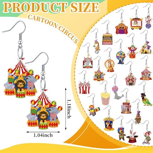Liliaafar 24 Pairs Circus Earrings Bulk Carnival Party Decorations Funny Acrylic Clown Monkey Elephant Earrings for Women Cartoon Jewelry Birthday Gift in Saudi Arabia
