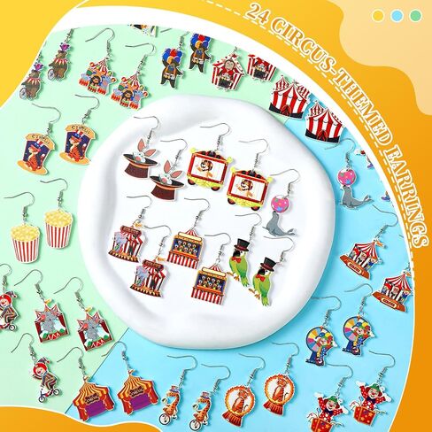 Liliaafar 24 Pairs Circus Earrings Bulk Carnival Party Decorations Funny Acrylic Clown Monkey Elephant Earrings for Women Cartoon Jewelry Birthday Gift in Saudi Arabia