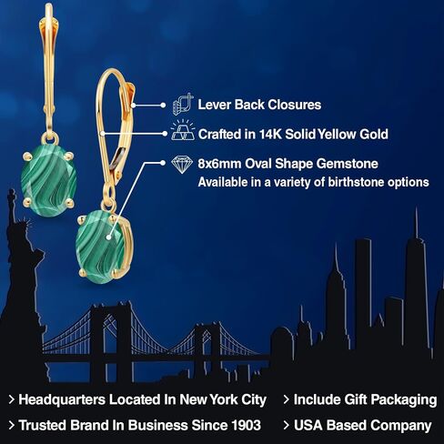 Gem Stone King 14K Yellow Gold Gemstone Birthstone Leverback Drop Dangle Earrings for Women | Oval 8X6MM | Fine Jewelry for Her Mom Wife in Kuwait