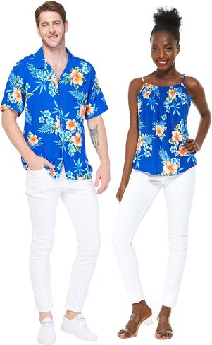 Matchable Couple Hawaiian Luau Shirt or Spaghetti Strap Top in Hibiscus Blue in Saudi Arabia