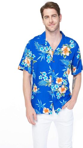 Matchable Couple Hawaiian Luau Shirt or Spaghetti Strap Top in Hibiscus Blue in Saudi Arabia