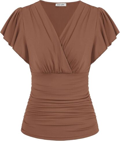 GRACE KARIN Womens Tops Dressy Casual, 2026 Ruffle Sleeve Wrap Blouses, V Neck Ruched Business Work Shirts Summer Clothes in Kuwait