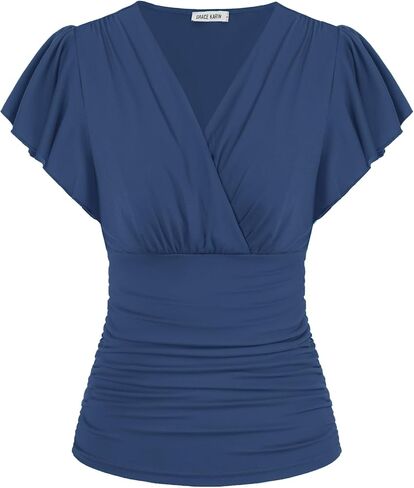GRACE KARIN Womens Tops Dressy Casual, 2026 Ruffle Sleeve Wrap Blouses, V Neck Ruched Business Work Shirts Summer Clothes in Kuwait