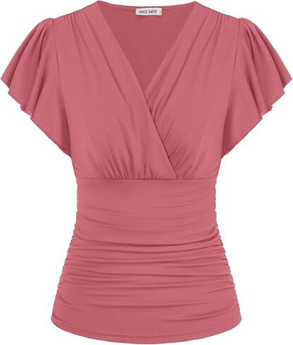 GRACE KARIN Womens Tops Dressy Casual, 2026 Ruffle Sleeve Wrap Blouses, V Neck Ruched Business Work Shirts Summer Clothes in Kuwait