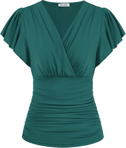 GRACE KARIN Womens Tops Dressy Casual, 2026 Ruffle Sleeve Wrap Blouses, V Neck Ruched Business Work Shirts Summer Clothes in Kuwait