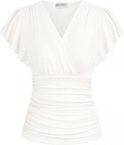 GRACE KARIN Womens Tops Dressy Casual, 2026 Ruffle Sleeve Wrap Blouses, V Neck Ruched Business Work Shirts Summer Clothes in Kuwait