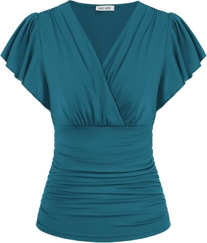 GRACE KARIN Womens Tops Dressy Casual, 2026 Ruffle Sleeve Wrap Blouses, V Neck Ruched Business Work Shirts Summer Clothes in Kuwait