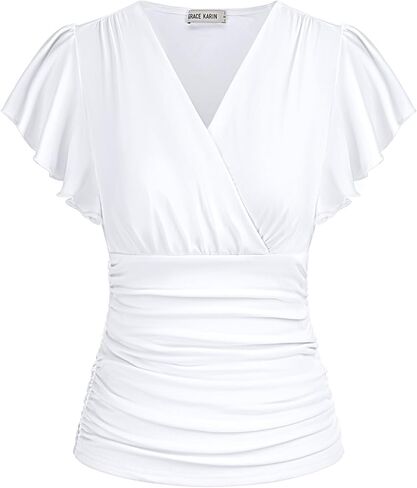 GRACE KARIN Womens Tops Dressy Casual, 2026 Ruffle Sleeve Wrap Blouses, V Neck Ruched Business Work Shirts Summer Clothes in Kuwait