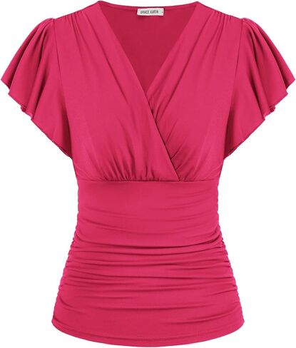 GRACE KARIN Womens Tops Dressy Casual, 2026 Ruffle Sleeve Wrap Blouses, V Neck Ruched Business Work Shirts Summer Clothes in Kuwait