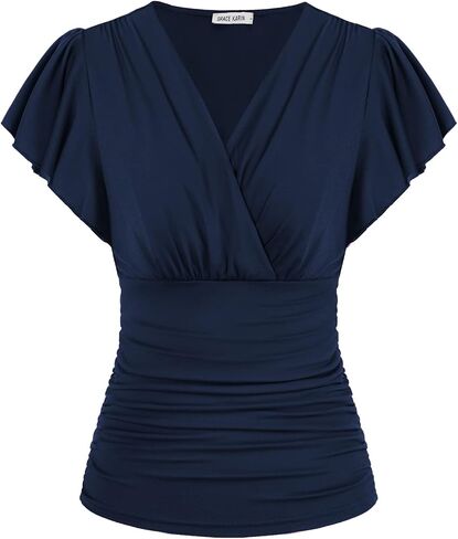 GRACE KARIN Womens Tops Dressy Casual, 2026 Ruffle Sleeve Wrap Blouses, V Neck Ruched Business Work Shirts Summer Clothes in Kuwait