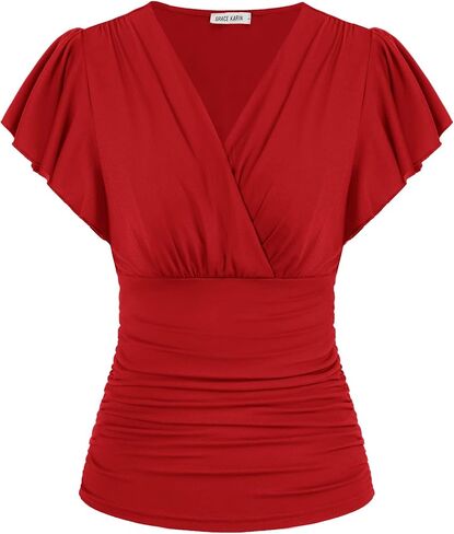 GRACE KARIN Womens Tops Dressy Casual, 2026 Ruffle Sleeve Wrap Blouses, V Neck Ruched Business Work Shirts Summer Clothes in Kuwait