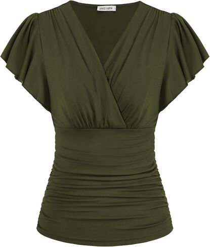GRACE KARIN Womens Tops Dressy Casual, 2026 Ruffle Sleeve Wrap Blouses, V Neck Ruched Business Work Shirts Summer Clothes in Kuwait