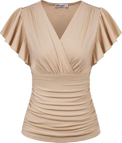 GRACE KARIN Womens Tops Dressy Casual, 2026 Ruffle Sleeve Wrap Blouses, V Neck Ruched Business Work Shirts Summer Clothes in Kuwait
