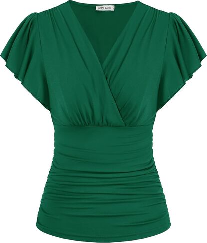 GRACE KARIN Womens Tops Dressy Casual, 2026 Ruffle Sleeve Wrap Blouses, V Neck Ruched Business Work Shirts Summer Clothes in Kuwait